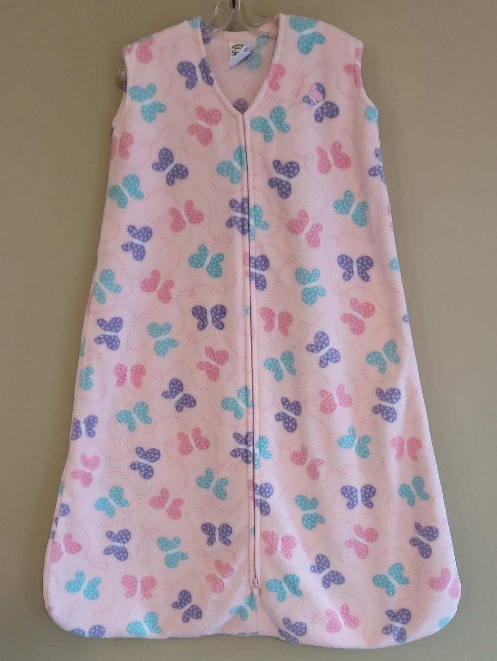 Halo pink fleece sleep sack with multicolor butterfly print